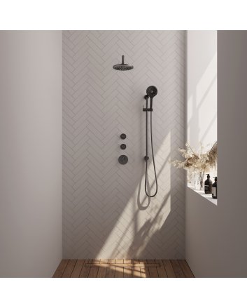 BRAUER Gunmetal Carving thermostatische inbouw regendouche SET 21 met 20 cm douchekop en gebogen muurarm en 3-standen handdouche en doucheslang en geïntegreerde glijstang gunmetal geborsteld PVD