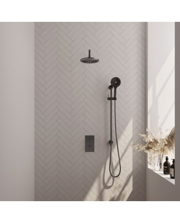 BRAUER Gunmetal Edition thermostatische inbouw regendouche 3-weg omstelling SET 45 met 20 cm douchekop en gebogen muurarm en 3-standen handdouche en doucheslang en geïntegreerde glijstang gunmetal geborsteld PVD