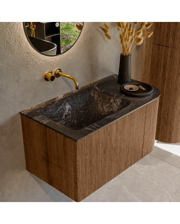 Mondiaz Kurve-Dlux 85cm badmeubel ronding Rechts kleur Walnut met 1 lade en 1 deur. Wastafel Cloud Links zonder kraangat Lava.