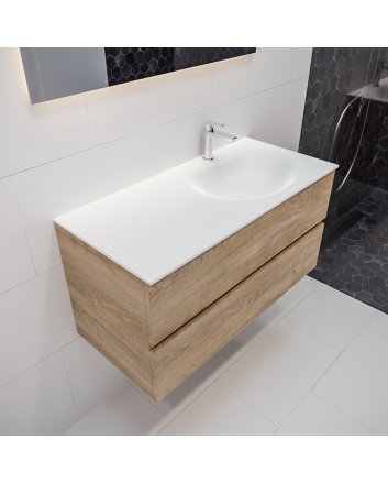 Mondiaz Vica 100 badmeubel washed oak 2 lades wastafel Moon rechts 1 kraangat