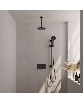 BRAUER Black Edition thermostatische inbouw regendouche met drukknoppen SET 71 met 20 cm douchekop en plafondarm en 3-standen handdouche en doucheslang en geïntegreerde glijstang mat zwart