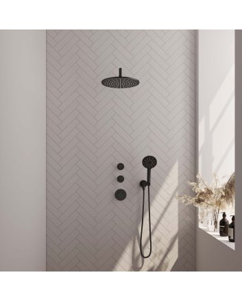 BRAUER Black Edition thermostatische inbouw regendouche SET 10 met 30 cm douchekop en gebogen muurarm en 3-standen handdouche en doucheslang en wandaansluitbocht mat zwart
