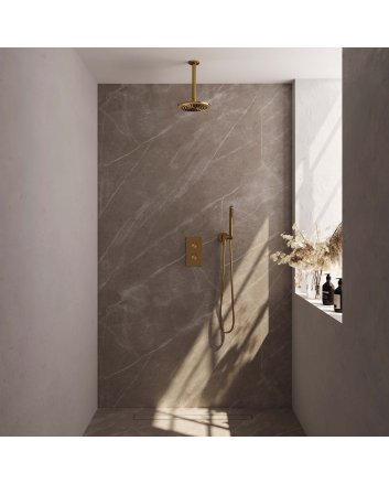 BRAUER Gold Edition thermostatische inbouw regendouche 3-weg omstelling SET 29 met 20 cm douchekop en plafondarm en staaf handdouche en doucheslang en wandaansluitbocht goud geborsteld PVD