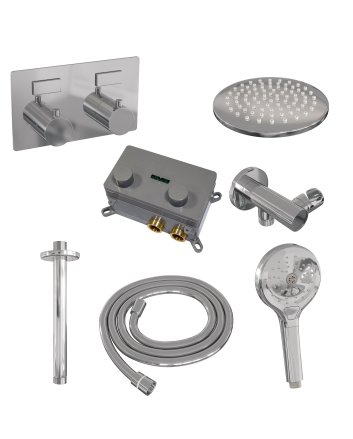 BRAUER Chrome Edition thermostatische inbouw regendouche met drukknoppen SET 59 met 20 cm douchekop en plafondarm en 3-standen handdouche en doucheslang en wandaansluitbocht chroom