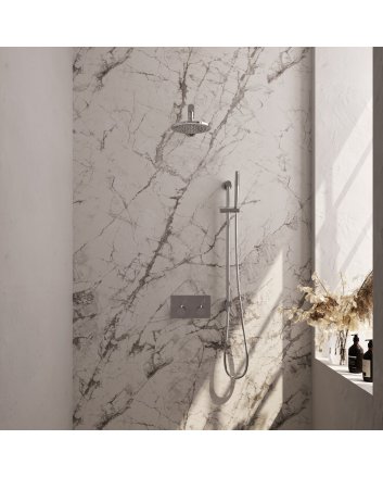 BRAUER Chrome Edition thermostatische inbouw regendouche met drukknoppen SET 61 met 20 cm douchekop en rechte muurarm en staaf handdouche en doucheslang en geïntegreerde glijstang chroom