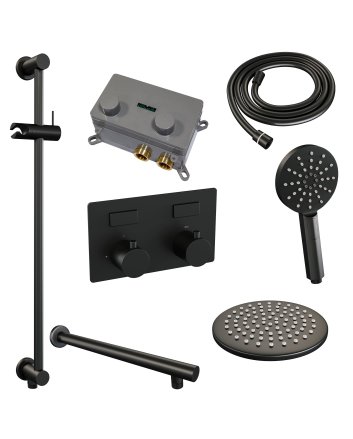 BRAUER Black Edition thermostatische inbouw regendouche met drukknoppen SET 67 met 20 cm douchekop en rechte muurarm en 3-standen handdouche en doucheslang en geïntegreerde glijstang mat zwart