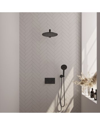 BRAUER Black Edition thermostatische inbouw regendouche met drukknoppen SET 56 met 30 cm douchekop en rechte muurarm en 3-standen handdouche en doucheslang en wandaansluitbocht mat zwart