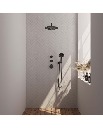 BRAUER Black Carving thermostatische inbouw regendouche SET 10 met 30 cm douchekop en gebogen muurarm en 3-standen handdouche en doucheslang en wandaansluitbocht mat zwart