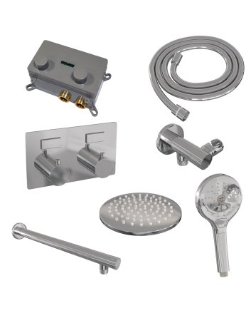 BRAUER Chrome Edition thermostatische inbouw regendouche met drukknoppen SET 55 met 20 cm douchekop en rechte muurarm en 3-standen handdouche en doucheslang en wandaansluitbocht chroom