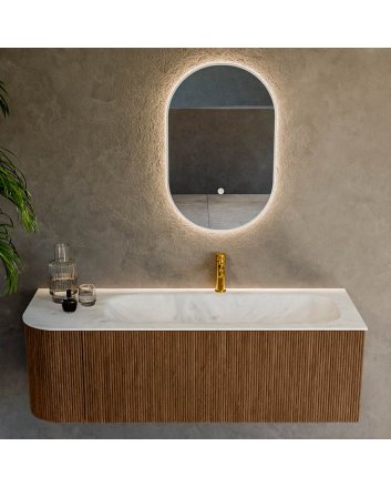 Mondiaz Kurve-Dlux 135cm badmeubel ronding Links kleur Walnut met 1 lade en 1 deur. Wastafel Big medium Rechts 1 kraangat Opalo.