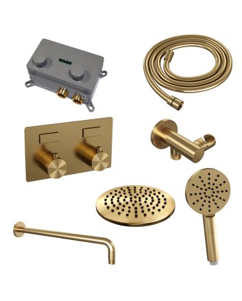 BRAUER Gold Edition thermostatische inbouw regendouche met drukknoppen SET 57 met 20 cm douchekop en gebogen muurarm en 3-standen handdouche en doucheslang en wandaansluitbocht goud geborsteld PVD