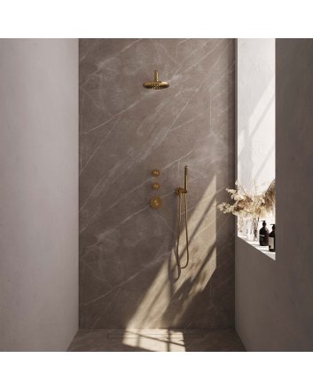 BRAUER Gold Edition thermostatische inbouw regendouche SET 03 met 20 cm douchekop en gebogen muurarm en staaf handdouche en doucheslang en wandaansluitbocht goud geborsteld PVD