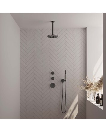 BRAUER Gunmetal Edition thermostatische inbouw regendouche SET 05 met 20 cm douchekop en plafondarm en staaf handdouche en doucheslang en wandaansluitbocht gunmetal geborsteld PVD