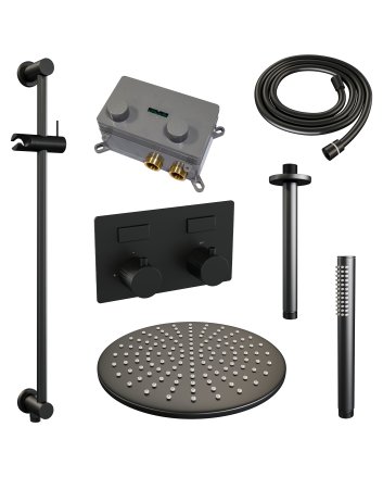 BRAUER Black Carving thermostatische inbouw regendouche met drukknoppen SET 66 met 30 cm douchekop en plafondarm en staaf handdouche en doucheslang en geïntegreerde glijstang mat zwart