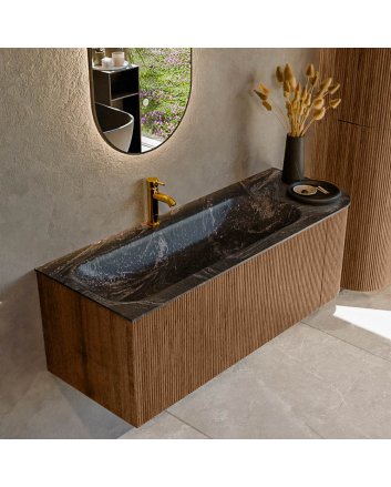 Mondiaz Kurve-Dlux 125cm badmeubel ronding Rechts kleur Walnut met 1 lade en 1 deur. Wastafel Big medium Links 1 kraangat Lava.