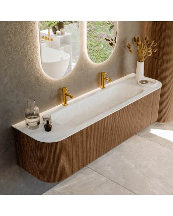 Mondiaz Kurve-Dlux 170cm badmeubel ronding Links + Rechts kleur Walnut met 1 lade en 2 deuren. Wastafel Big large Midden 2 kraangaten Opalo.