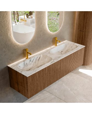 Mondiaz Kurve-Dlux 150cm badmeubel kleur Walnut met 2 lades en 0 deuren. Wastafel Stor small Dubbel 2 kraangaten Glace.