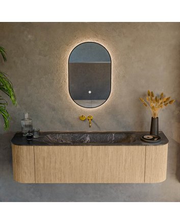 Mondiaz Kurve-Dlux 160cm badmeubel ronding Links + Rechts kleur Oak met 1 lade en 2 deuren. Wastafel Big medium Midden zonder kraangat Lava.