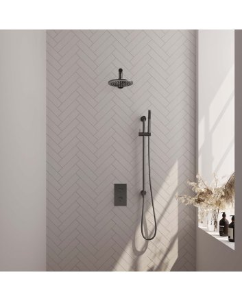 BRAUER Gunmetal Carving thermostatische inbouw regendouche 3-weg omstelling SET 37 met 20 cm douchekop en rechte muurarm en staaf handdouche en doucheslang en geïntegreerde glijstang gunmetal geborsteld PVD