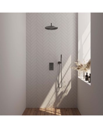 BRAUER Gunmetal Carving thermostatische inbouw regendouche 3-weg omstelling SET 28 met 30 cm douchekop en gebogen muurarm en staaf handdouche en doucheslang en wandaansluitbocht gunmetal geborsteld PVD