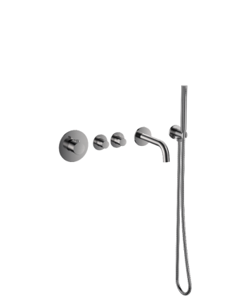 Sani DeLuxe Badset inbouw deluxe met box thermostaat, muurbevestiging / doucheslang, staafhanddouche rond Gun Metal met geribbeld knop