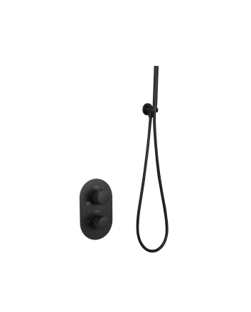 Sani DeLuxe Badset inbouw met box thermostaat, muurbevestiging / doucheslang, staafhanddouche rond Mat Zwart met geribbeld knop