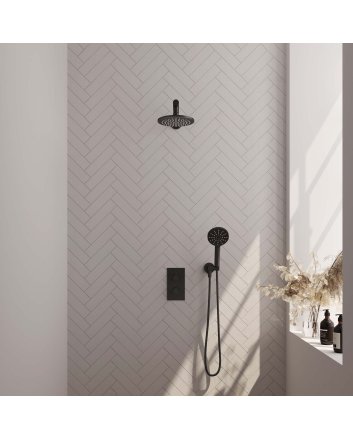 BRAUER Black Carving thermostatische inbouw regendouche 3-weg omstelling SET 31 met 20 cm douchekop en rechte muurarm en 3-standen handdouche en doucheslang en wandaansluitbocht mat zwart
