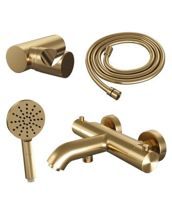 BRAUER Gold Edition opbouw baddouche thermostaatkraan SET 04 met wandhouder en 3-standen handdouche en doucheslang goud geborsteld PVD