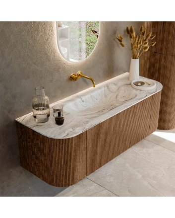 Mondiaz Kurve-Dlux 130cm badmeubel ronding Links + Rechts kleur Walnut met 1 lade en 2 deuren. Wastafel Big small Midden zonder kraangat Glace.