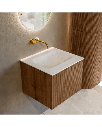 Mondiaz Kurve-Dlux 50cm badmeubel kleur Walnut met 1 lade en 0 deuren. Wastafel Grunne Midden zonder kraangat Opalo.