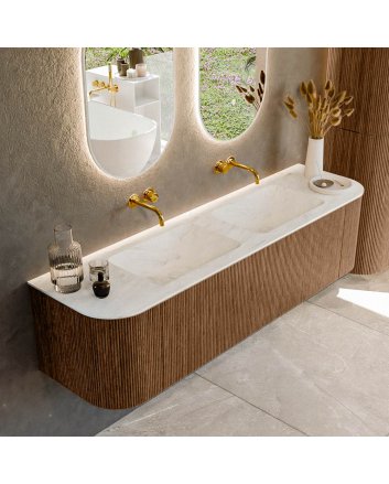 Mondiaz Kurve-Dlux 170cm badmeubel ronding Links + Rechts kleur Walnut met 1 lade en 2 deuren. Wastafel Leaf Dubbel zonder kraangat Opalo.