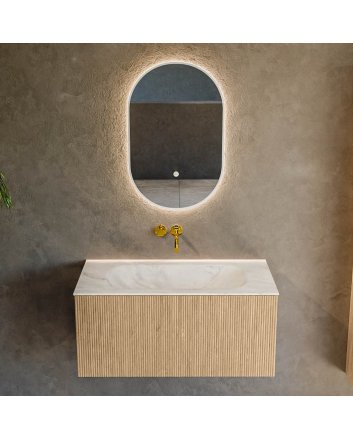 Mondiaz Kurve-Dlux 90cm badmeubel kleur Oak met 1 lade en 0 deuren. Wastafel Big small Midden zonder kraangat Ostra.