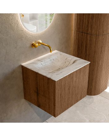 Mondiaz Kurve-Dlux 50cm badmeubel kleur Walnut met 1 lade en 0 deuren. Wastafel Grunne Midden zonder kraangat Glace.