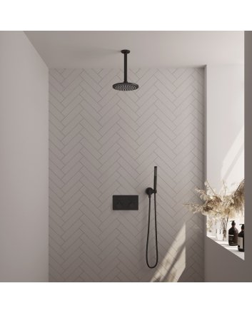 BRAUER Black Edition thermostatische inbouw regendouche met drukknoppen SET 53 met 20 cm douchekop en plafondarm en staaf handdouche en doucheslang en wandaansluitbocht mat zwart