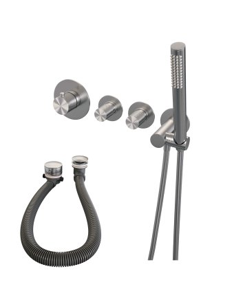 BRAUER Brushed Carving thermostatische inbouw badkraan SET 01 met badvulcombinatie en staaf handdouche en doucheslang en wandaansluitbocht RVS geborsteld PVD
