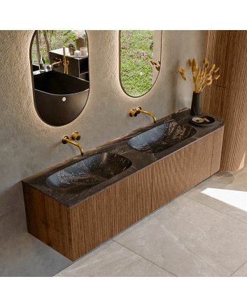 Mondiaz Kurve-Dlux 175cm badmeubel ronding Rechts kleur Walnut met 2 lades en 1 deur. Wastafel Stor small Dubbel / Links zonder kraangat Lava.