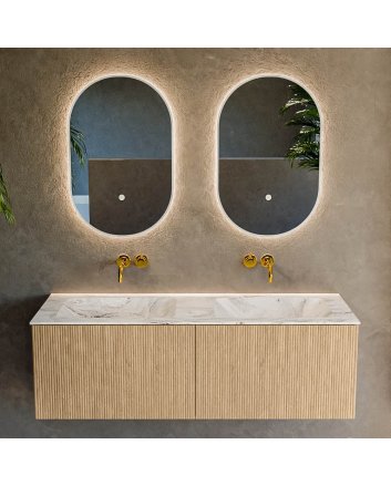 Mondiaz Kurve-Dlux 130cm badmeubel kleur Oak met 2 lades en 0 deuren. Wastafel Leaf Dubbel zonder kraangat Glace.