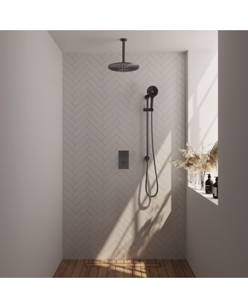 BRAUER Gunmetal Edition thermostatische inbouw regendouche 3-weg omstelling SET 48 met 30 cm douchekop en plafondarm en 3-standen handdouche en doucheslang en geïntegreerde glijstang gunmetal geborsteld PVD