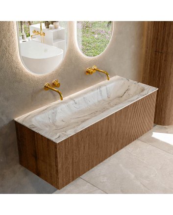 Mondiaz Kurve-Dlux 120cm badmeubel kleur Walnut met 1 lade en 0 deuren. Wastafel Big large Midden zonder kraangat Glace.