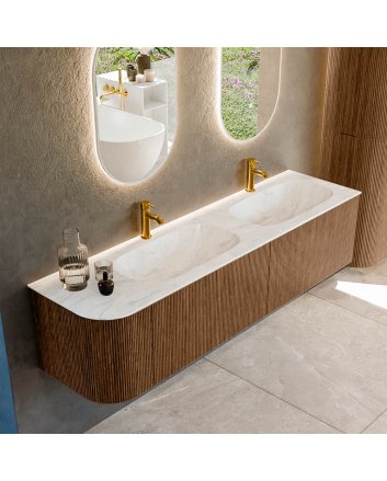 Mondiaz Kurve-Dlux 175cm badmeubel ronding Links kleur Walnut met 2 lades en 1 deur. Wastafel Stor small Dubbel / Rechts 2 kraangaten Ostra.
