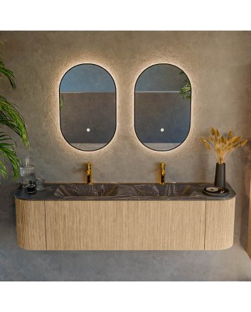 Mondiaz Kurve-Dlux 170cm badmeubel ronding Links + Rechts kleur Oak met 1 lade en 2 deuren. Wastafel Leaf Dubbel 2 kraangaten Lava.