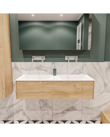 Mondiaz Lush 120 badmeubel washed oak 1 lade wastafel dubbel geen kraangat