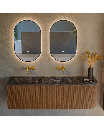 Mondiaz Kurve-Dlux 145cm badmeubel ronding Rechts kleur Walnut met 1 lade en 1 deur. Wastafel Leaf Dubbel / Links zonder kraangat Lava.