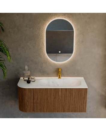 Mondiaz Kurve-Dlux 105cm badmeubel ronding Links kleur Walnut met 1 lade en 1 deur. Wastafel Big small Rechts 1 kraangat Opalo.