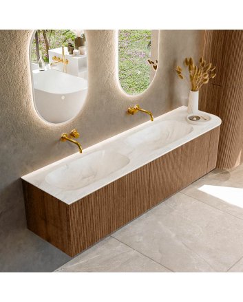 Mondiaz Kurve-Dlux 175cm badmeubel ronding Rechts kleur Walnut met 2 lades en 1 deur. Wastafel Stor small Dubbel / Links zonder kraangat Ostra.