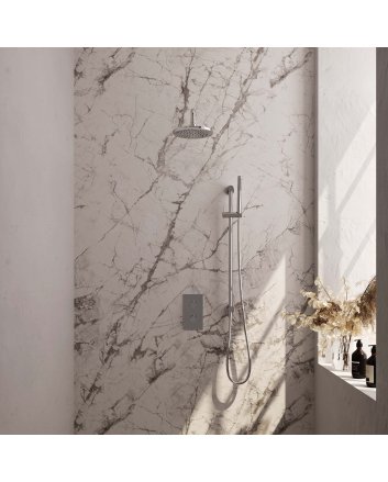 BRAUER Chrome Carving thermostatische inbouw regendouche 3-weg omstelling SET 39 met 20 cm douchekop en gebogen muurarm en staaf handdouche en doucheslang en geïntegreerde glijstang chroom