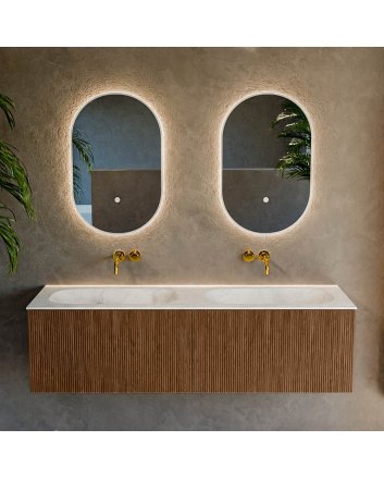 Mondiaz Kurve-Dlux 150cm badmeubel kleur Walnut met 2 lades en 0 deuren. Wastafel Stor small Dubbel zonder kraangat Opalo.
