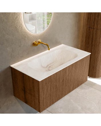 Mondiaz Kurve-Dlux 90cm badmeubel kleur Walnut met 1 lade en 0 deuren. Wastafel Big small Midden zonder kraangat Frappe.