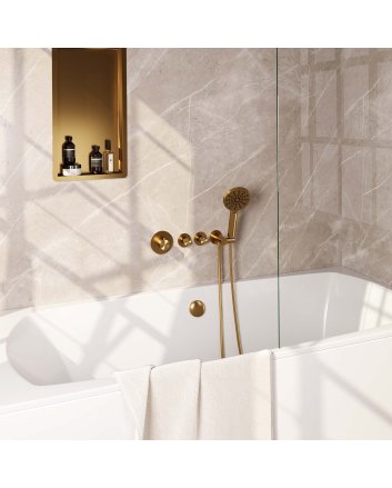 BRAUER Gold Edition thermostatische inbouw badkraan SET 02 met badvulcombinatie en 3-standen handdouche en doucheslang en wandaansluitbocht goud geborsteld PVD