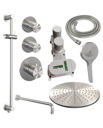 BRAUER Brushed Edition thermostatische inbouw regendouche SET 22 met 30 cm douchekop en gebogen muurarm en 3-standen handdouche en doucheslang en geïntegreerde glijstang RVS geborsteld PVD